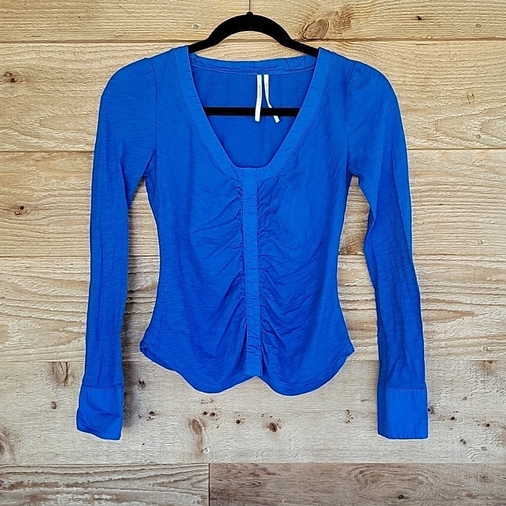 Anthropologie Size XSmall Sapphire Blue Blouse Ruched Front Button Cuffs